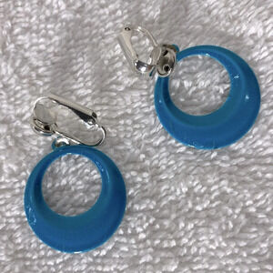 Vintage Blue  Painted Metal Small Hoop Clip On Earrings